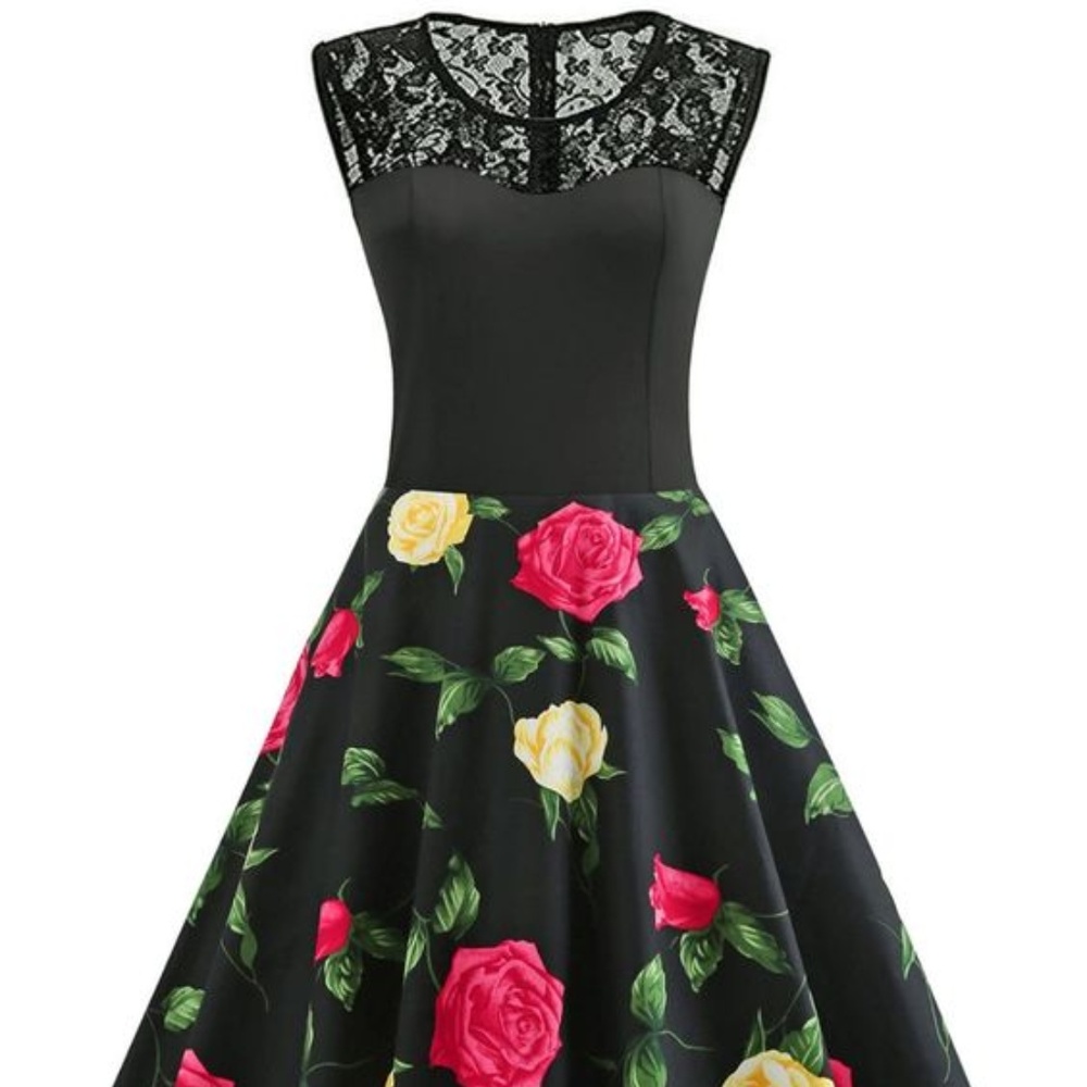 Vintage Floral Print Lace Insert Dress